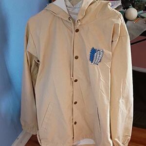 Beige Hooded Jacket with Blue Emblem